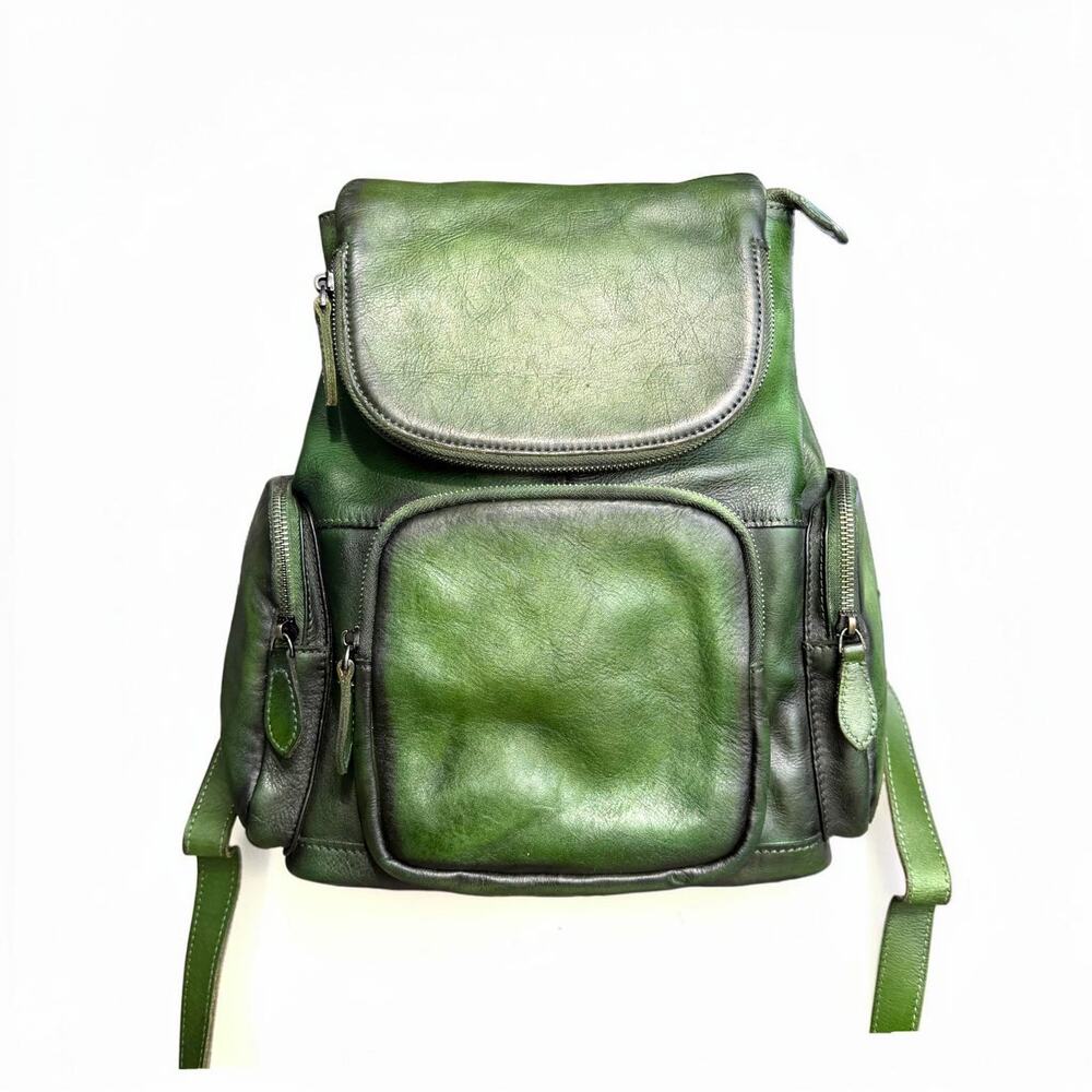 Vintage Green Genuine Leather Backpack Y2K Utility Multi Pocket Bag